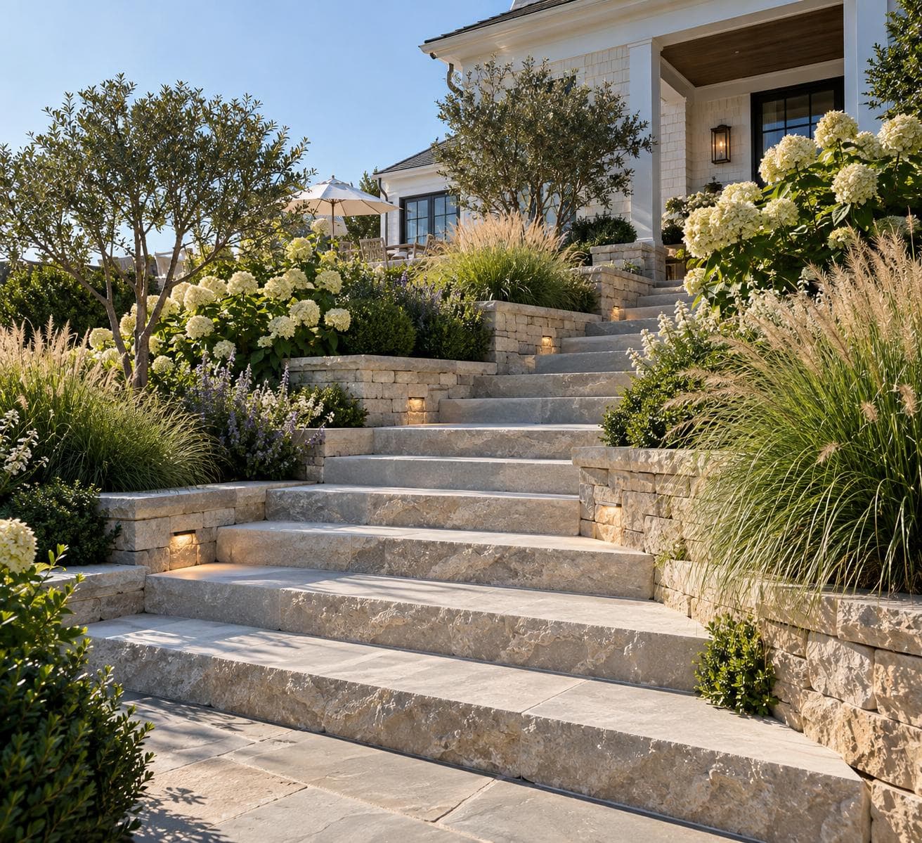 Lit stone garden steps lined with white hydrangeas and ornamental grasses